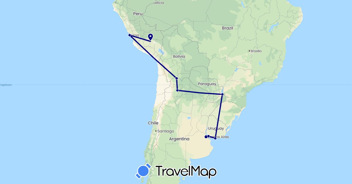 TravelMap itinerary: driving in Argentina, Peru, Uruguay (South America)
